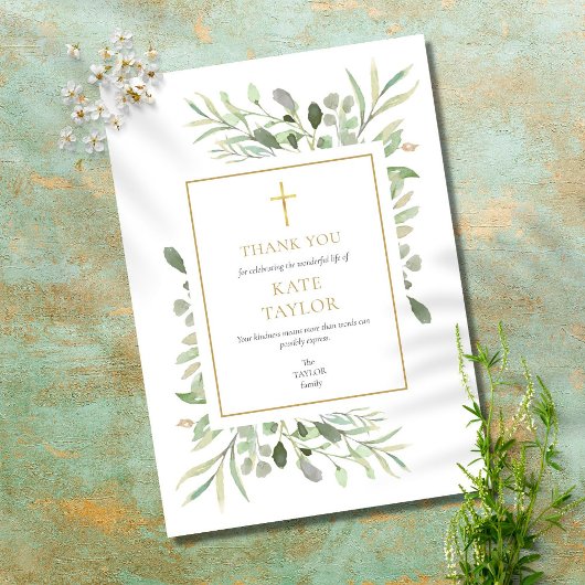 Elegant Simple Funeral Memorial Gold Cross Bedankkaart