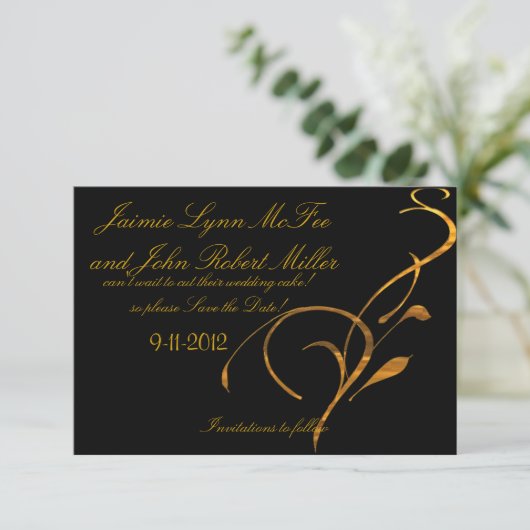 Elegant Simple Gold Black Scroll Save the Date Car (Staand voorkant)