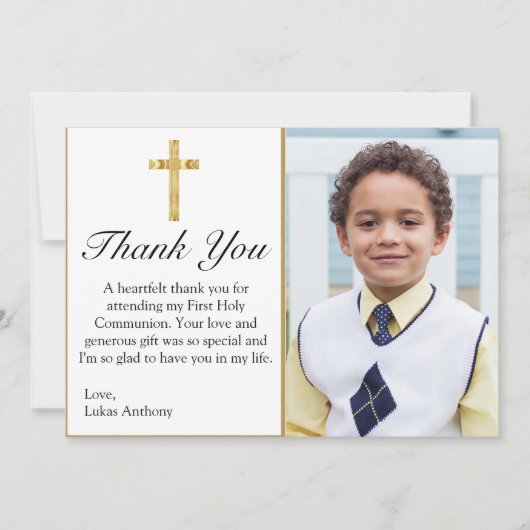 Elegant Simple Gold Cross First Heilige Communie Bedankkaart (Voorkant)