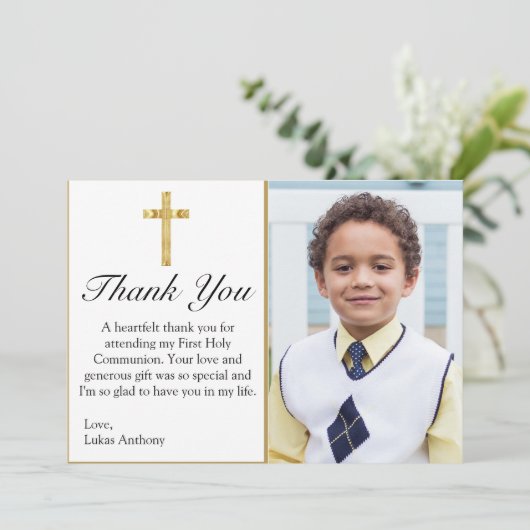 Elegant Simple Gold Cross First Heilige Communie Bedankkaart (Staand voorkant)