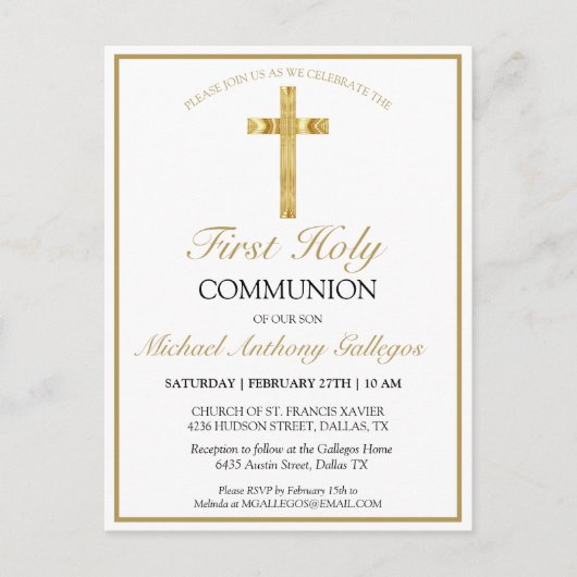 Elegant Simple Gold Cross First Heilige Communie Uitnodiging Briefkaart (Voorkant)