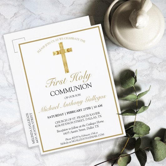 Elegant Simple Gold Cross First Heilige Communie Uitnodiging Briefkaart