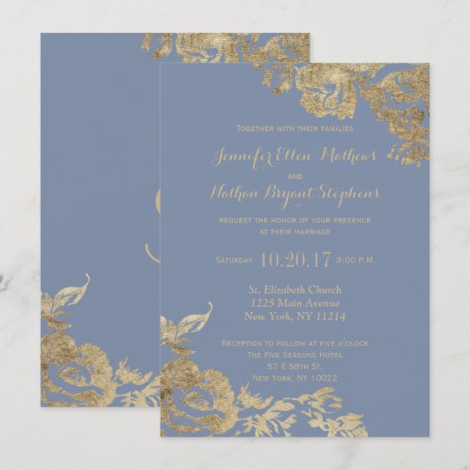 Elegant Simple Gold Dusty Blue Floral Wedding Kaart (Voorkant / Achterkant)