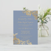 Elegant Simple Gold Dusty Blue Floral Wedding Kaart (Staand voorkant)