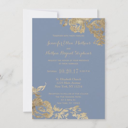 Elegant Simple Gold Dusty Blue Floral Wedding Kaart (Voorkant)