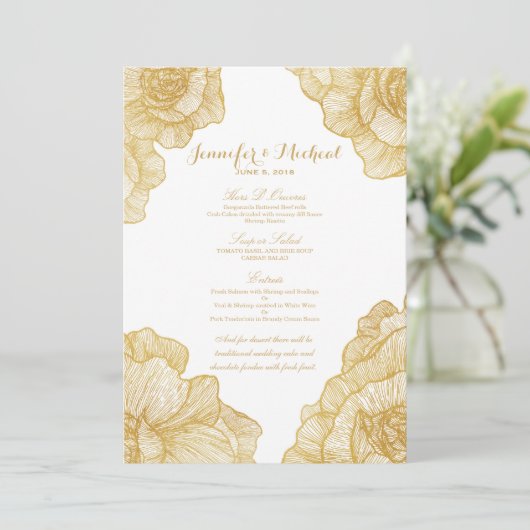 Elegant Simple Gold Floral Wedding Menu Cards (Staand voorkant)
