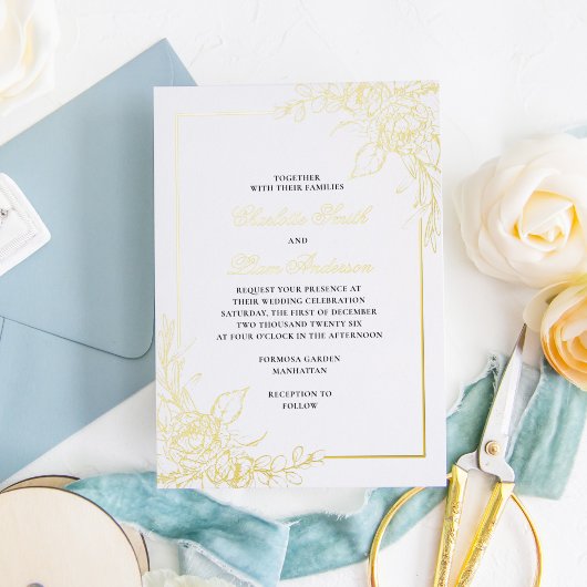 Elegant Simple Gold Foil geperste Floral Wedding Folie Uitnodiging