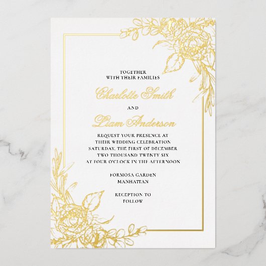 Elegant Simple Gold Foil geperste Floral Wedding Folie Uitnodiging (Voorkant)