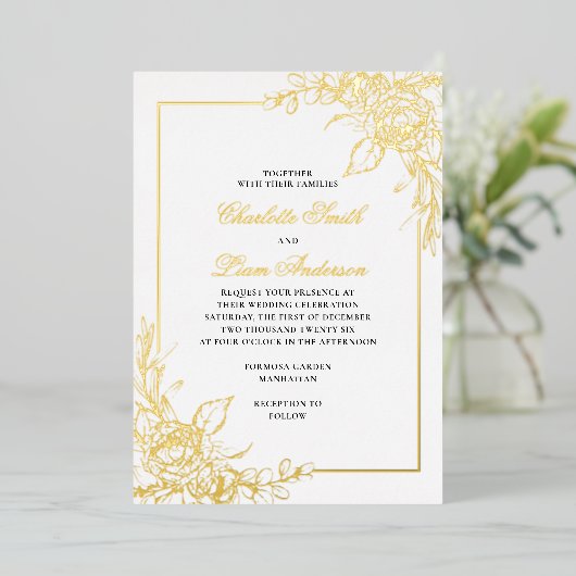 Elegant Simple Gold Foil geperste Floral Wedding Folie Uitnodiging (Staand Voorkant)