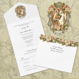 Elegant Simple Gold katholieke Floral Wedding All In One Uitnodiging
