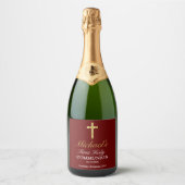 Elegant Simple Gold Red Cross Eerste Communie Sparkling Wijnetiket (Voorkant)