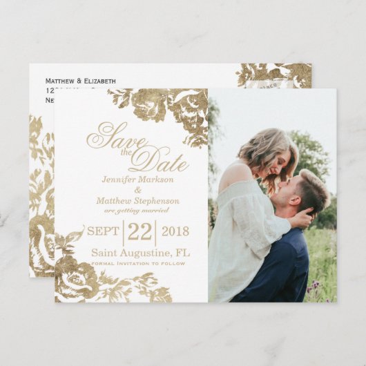 Elegant Simple Gold White Floral slaat de datum op Aankondigingskaart (Voorkant / Achterkant)