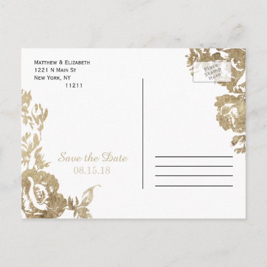 Elegant Simple Gold White Floral slaat de datum op Aankondigingskaart (Achterkant)