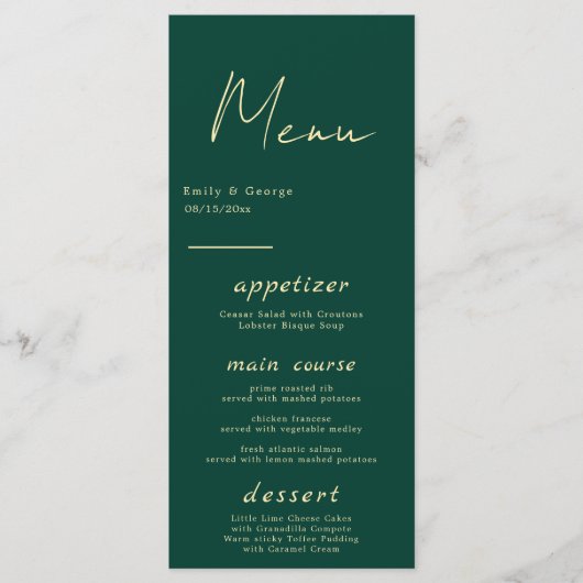 Elegant Simple Green Gold Luxury Modern Wedding Menu (Voorkant)