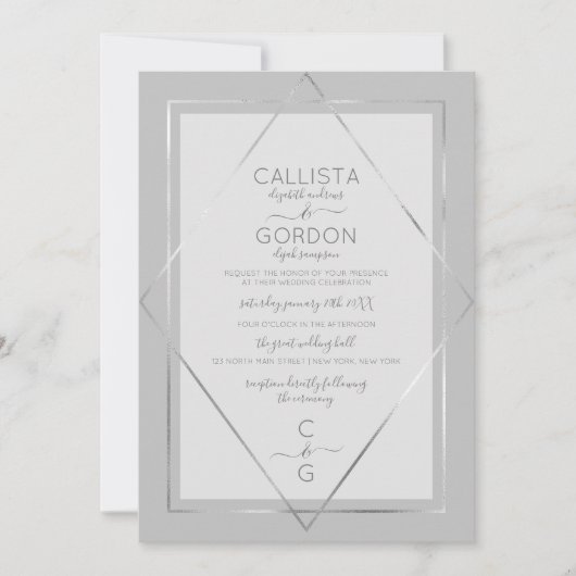 Elegant Simple Grey Silver Geo Border Wedding Kaart (Voorkant)
