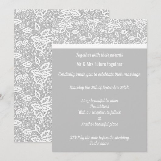 Elegant & Simple Grey White Lace Wedding Kaart (Voorkant / Achterkant)