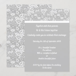 Elegant & Simple Grey White Lace Wedding Kaart