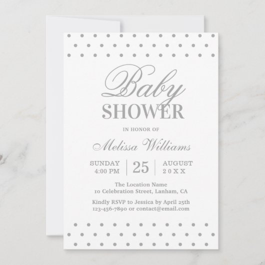 Elegant Simple Grey White Stippen Script Baby show Kaart (Voorkant)
