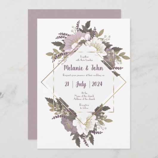 Elegant & Simple Lila flower Wedding Invite Kaart (Voorkant / Achterkant)