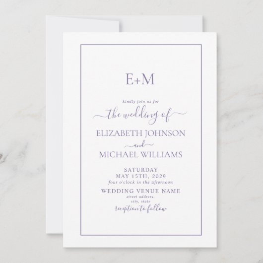 Elegant Simple Lila Formal Monogram Weddenschap Kaart (Voorkant)