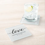 Elegant Simple Love Script Weddenschap op maat Glazen Onderzetter<br><div class="desc">Cheers! Geef je trouwgasten een elegant en gedenkwaardig feest met deze aangepaste glazen onderzetters. Het woord 'Love' in een elegant script design. Pas de namen van de bruid en de bruidegom aan (nieuwigheden) en trouwdatum. Verfijn uw gasten met een speciaal cadeau dat ze altijd koesteren als ze het gebruiken. Laat...</div>