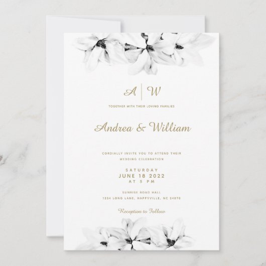 Elegant Simple Magnolia Gold Floral Chic Wedding Kaart (Voorkant)