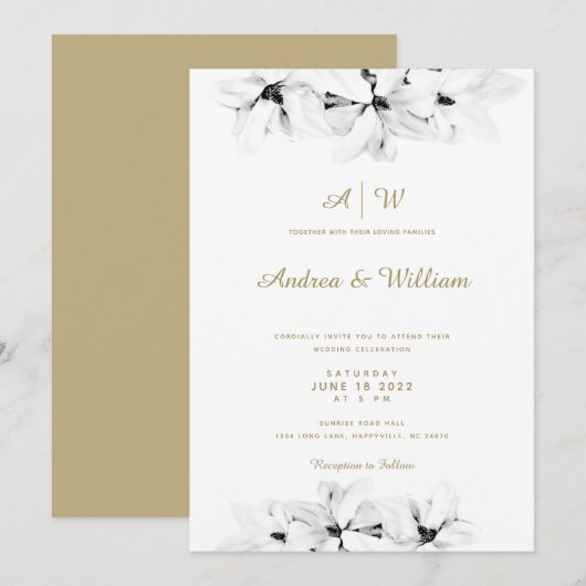 Elegant Simple Magnolia Gold Floral Chic Wedding Kaart (Voorkant / Achterkant)