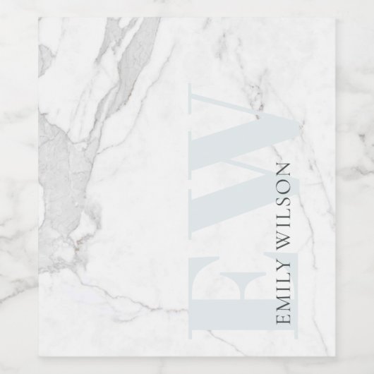 Elegant Simple Marble Stone Blue Name Monogram Wijn Etiket (Enkel label)