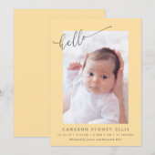 Elegant Simple Minimalist Hello Yellow Photo Birth Aankondiging (Voorkant / Achterkant)