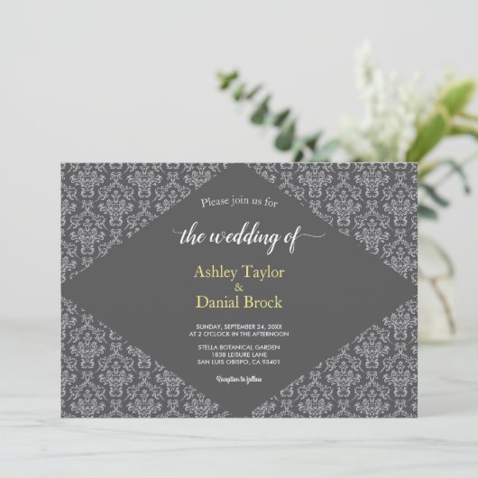Elegant Simple Minimalist Script Damask Wedding Kaart (Staand voorkant)