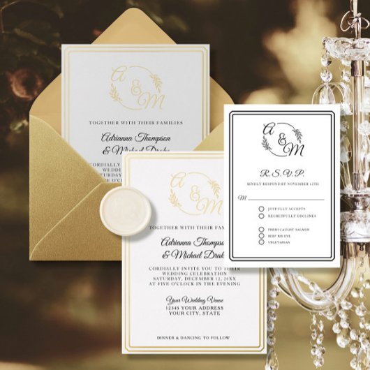 Elegant Simple Modern Black and White Wedding RSVP Kaartje