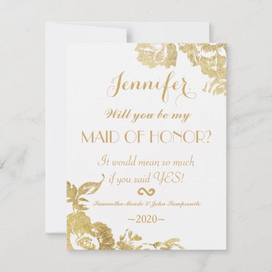 Elegant Simple Modern Floral Gold Maid of Honor Kaart (Voorkant)