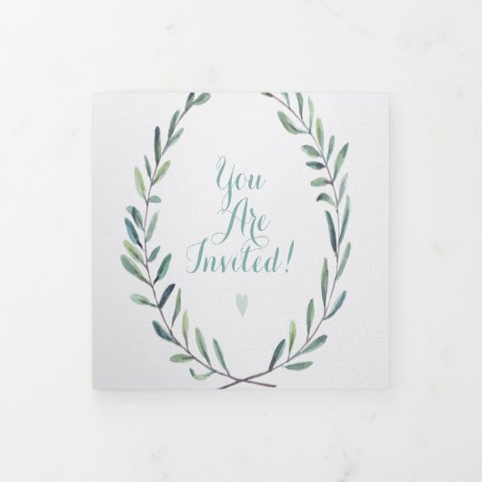 Elegant Simple Modern Green Floral Wreath Wedding Drieluik Uitnodiging (Cover)