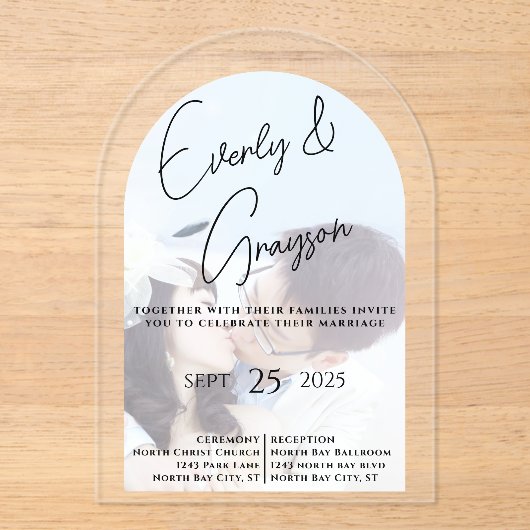 Elegant Simple Modern Minimalist Photo Wedding Acryl Uitnodigingen (Voorkant)