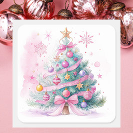 Elegant Simple Modern Pink Vintage Christmas Tree Vierkante Sticker