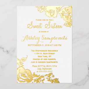 Elegant Simple Modern Roos Floral Gold Sweet 16 Folie Uitnodiging