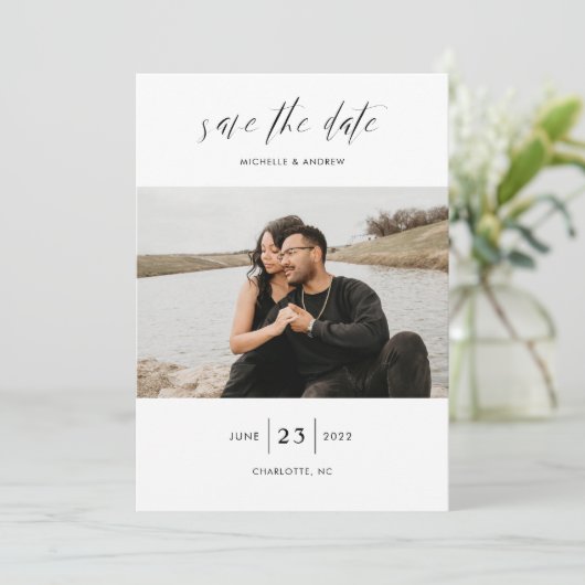 Elegant Simple Moderne Script Photo Wedding Save T Save The Date (Staand voorkant)