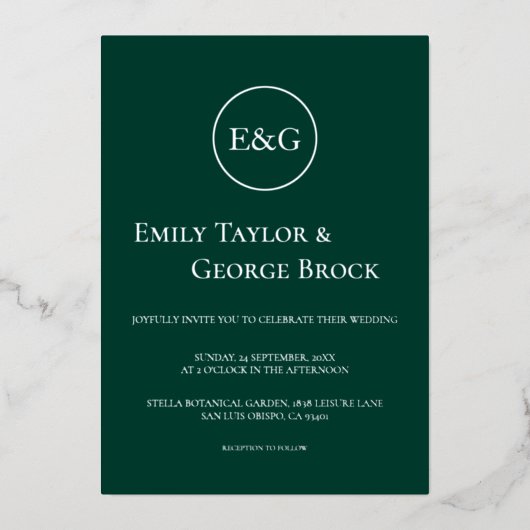 Elegant Simple Monogram Emerald Wedding Silver Folie Uitnodiging (Voorkant)