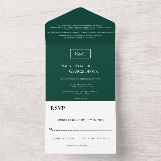 Elegant Simple Monogram Green Modern Wedding All In One Uitnodiging (Binnen)