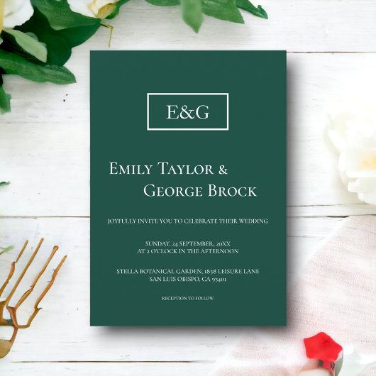 Elegant Simple Monogram Green Modern Wedding Kaart