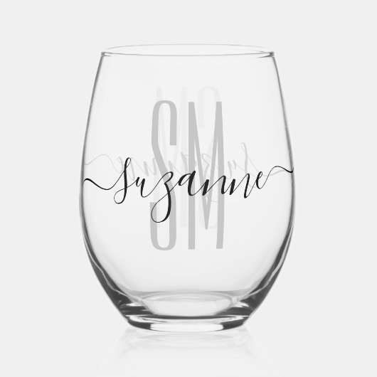 Elegant Simple Monogram Name Persoonlijk Wijnglas Zonder Voet (Achterkant)