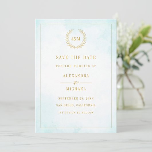 Elegant Simple Monogram Turquoise Wedding Save The Date (Staand voorkant)
