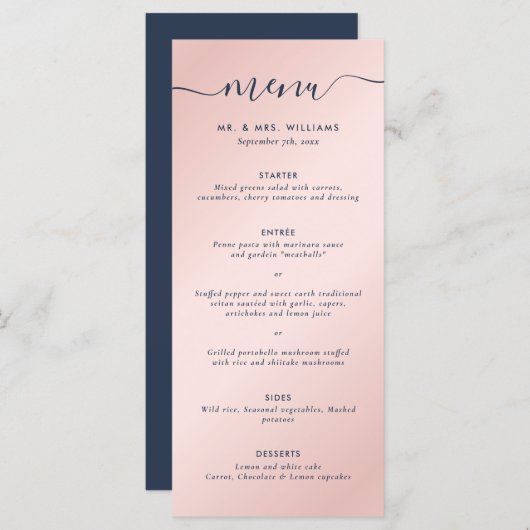 Elegant Simple Navy Blue en Blush Menu (Voorkant / Achterkant)