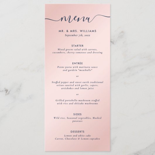 Elegant Simple Navy Blue en Blush Menu (Voorkant)
