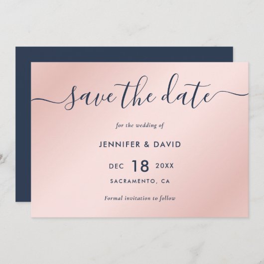 Elegant Simple Navy Blue en Blush Wedding Save The Date (Voorkant / Achterkant)