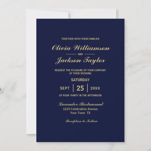Elegant Simple Navy Blue Gold Wedding Kaart (Voorkant)