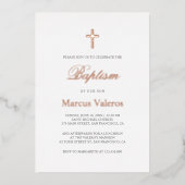 Elegant Simple Navy Blue ROOS GOLD Cross Baptisme Folie Uitnodiging (Voorkant)