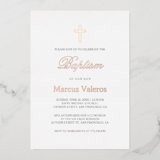 Elegant Simple Navy Blue ROOS GOLD Cross Baptisme Folie Uitnodiging (Voorkant)