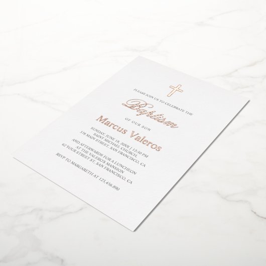 Elegant Simple Navy Blue ROOS GOLD Cross Baptisme Folie Uitnodiging (Gedraaid)