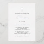 Elegant Simple Navy Blue Silver Cross Baptisme Folie Uitnodiging (Voorkant)